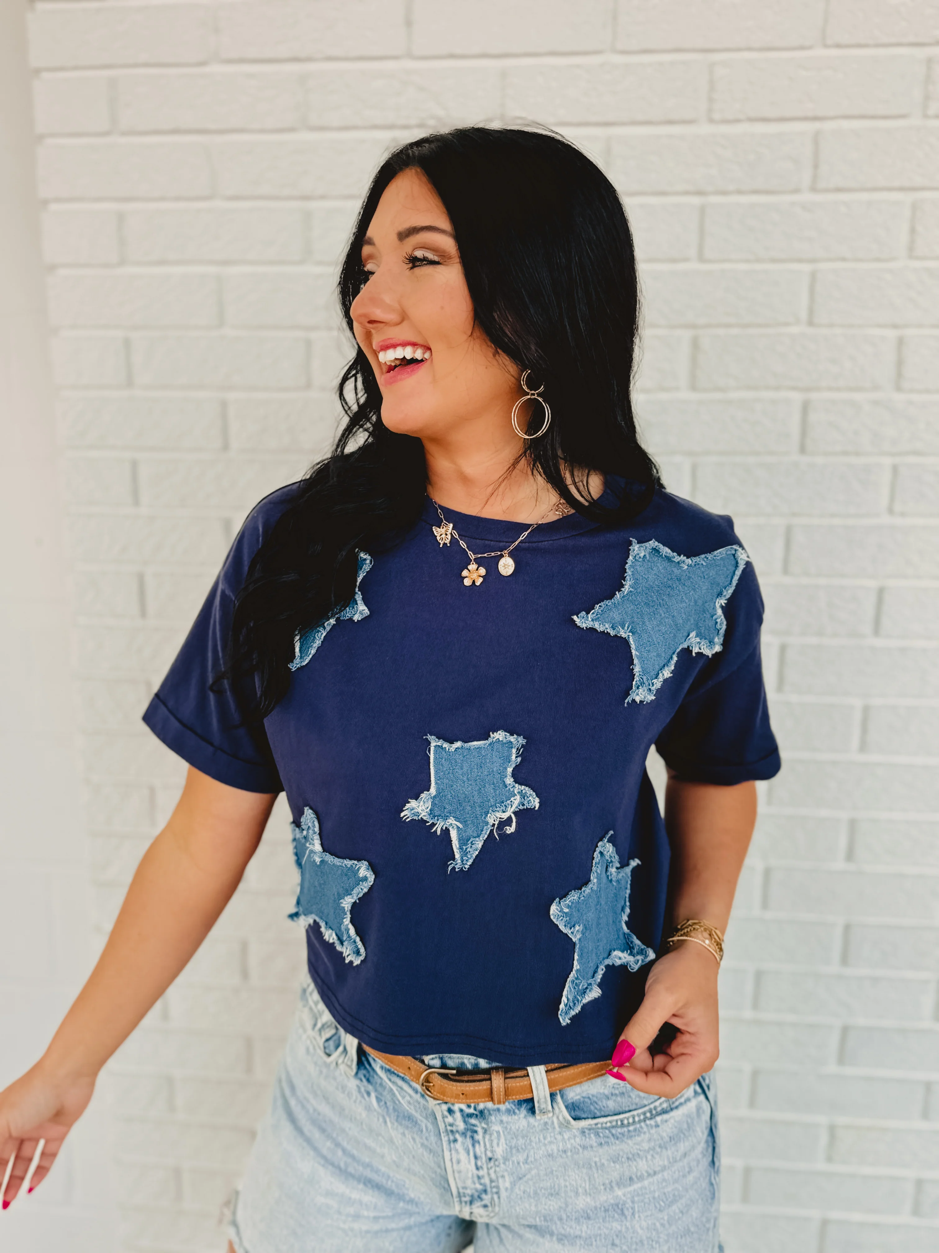 Denim Star Patch Top - Navy