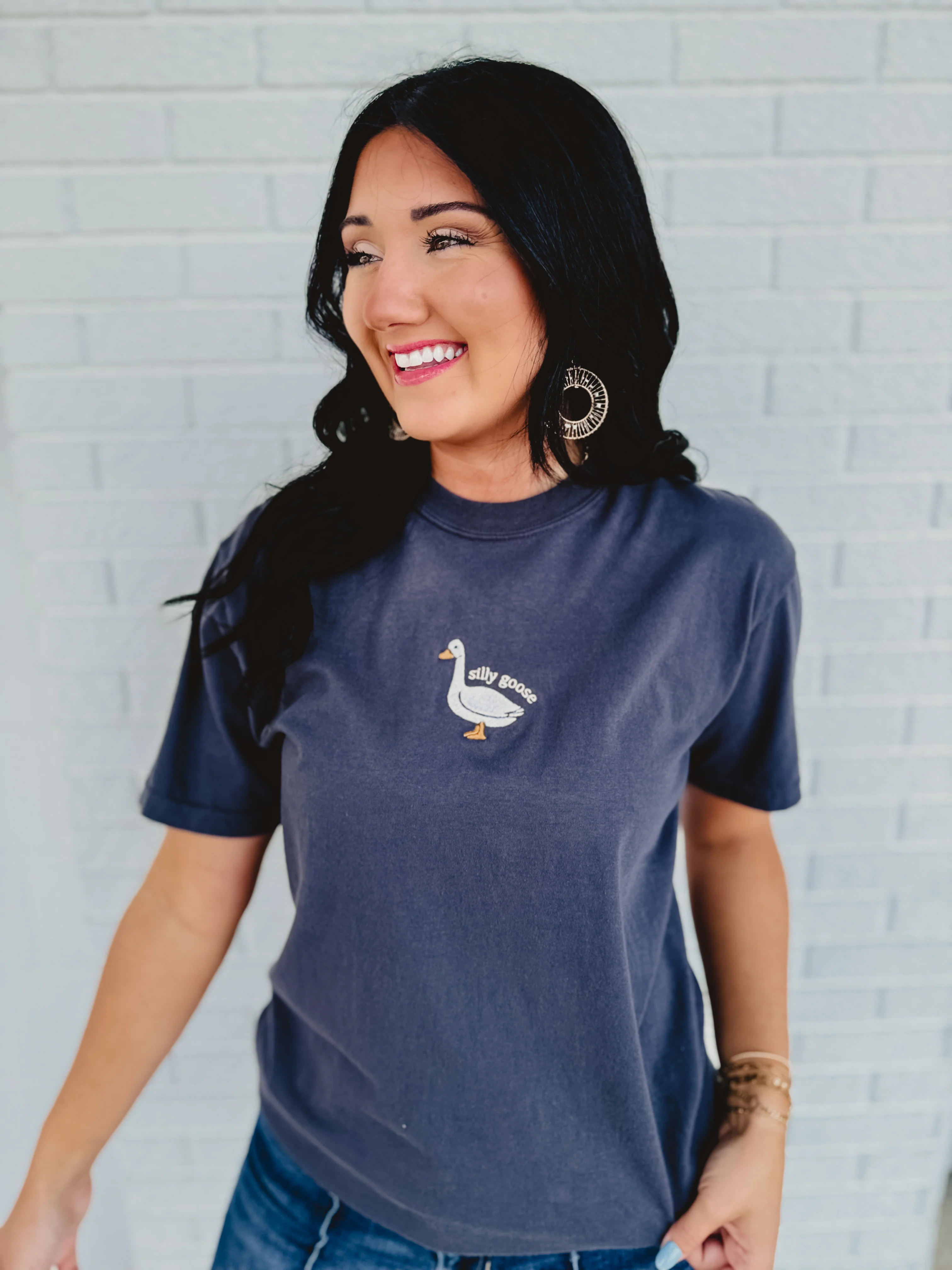 Silly Goose Embroidered Tee - Charcoal